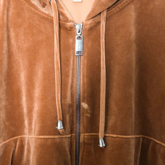 Cable & Gauge Studio Womens Velour Hoodie Large Orange Tan Zip Up Y2K 90s Glam‎ - Picture 9 of 10